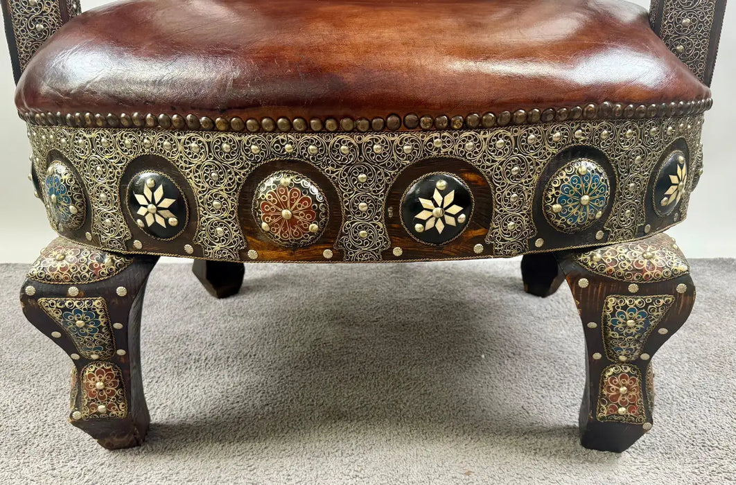 Portuguese Colonial Style Leather & Filigree Design Throne Chair