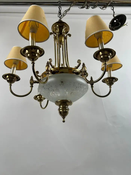 French Empire Style Brass & Etched Cut Glass Center Globe Chandelier - 6 Arms