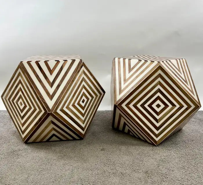 Art Deco Style Brown & White Sculptural Resin & Walnut Side or End Table, a Pair