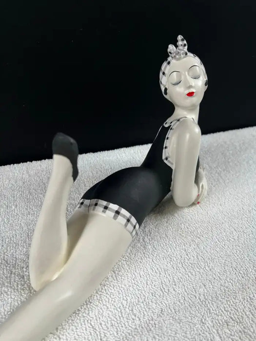 French Style Bathing Beauty Resin Figurine in Black & White Gingham Swimsuit