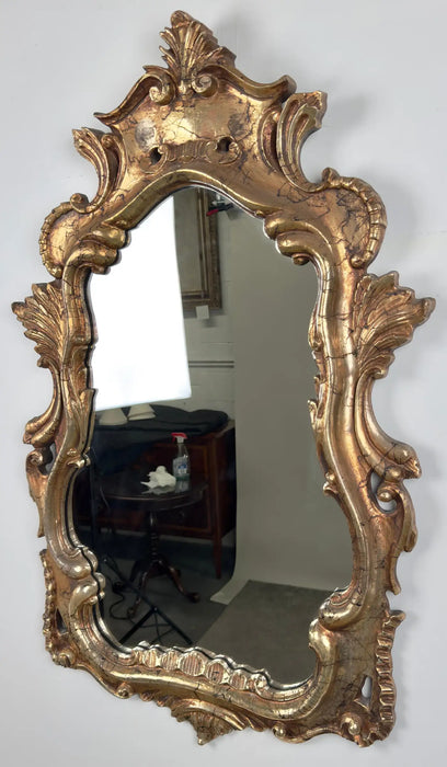 French Baroque Louis XV Style Antiqued Gold Wall or Console Mirror, a Pair