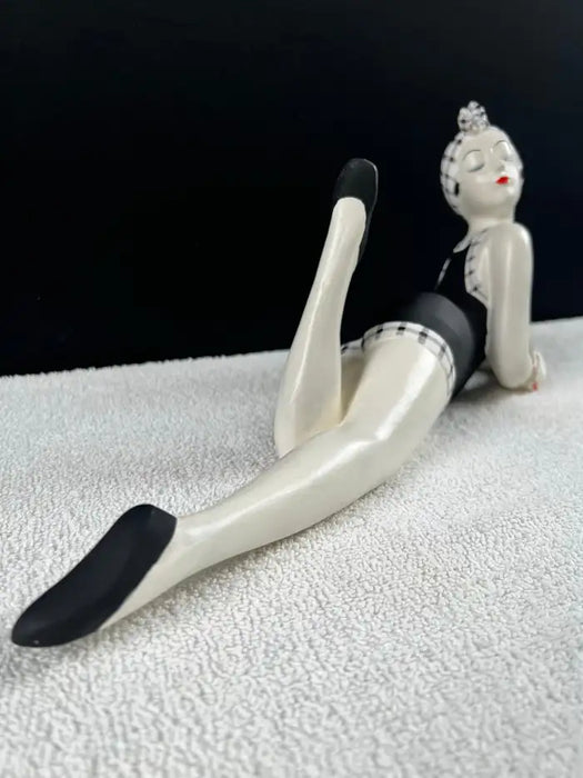 French Style Bathing Beauty Resin Figurine in Black & White Gingham Swimsuit