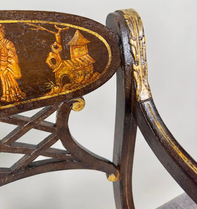 Italian Regency Style Side Chair, Ebonized with Gold Finish & Stripe upholstery