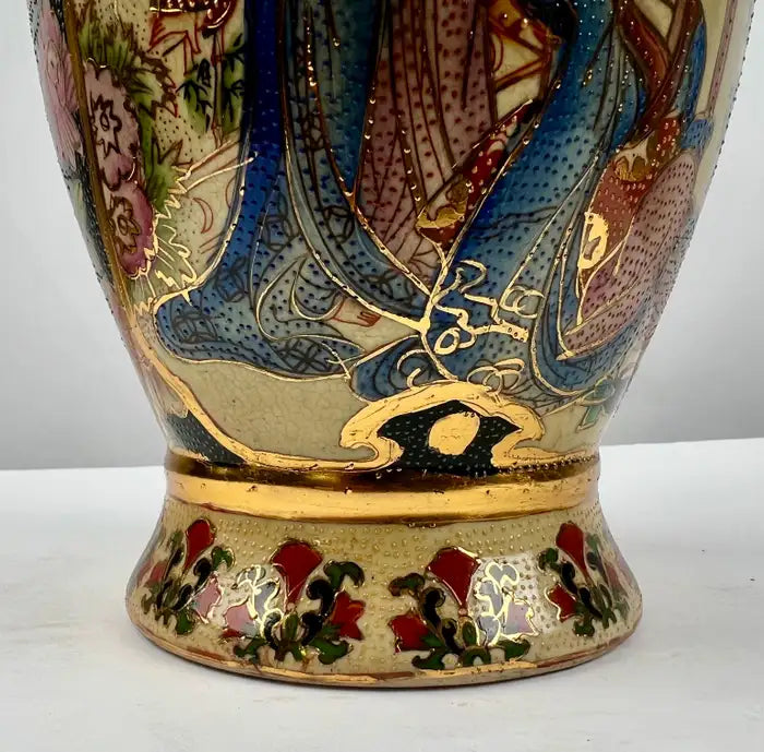 Vintage Royal Satsuma Japanese Hand-Painted Urn Style Vase, a Pair