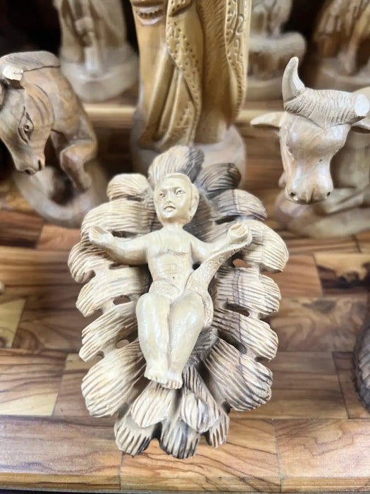 Religious Hand Carved Olive Wood Nativity Set with Stable, Holy Family, Wise Men