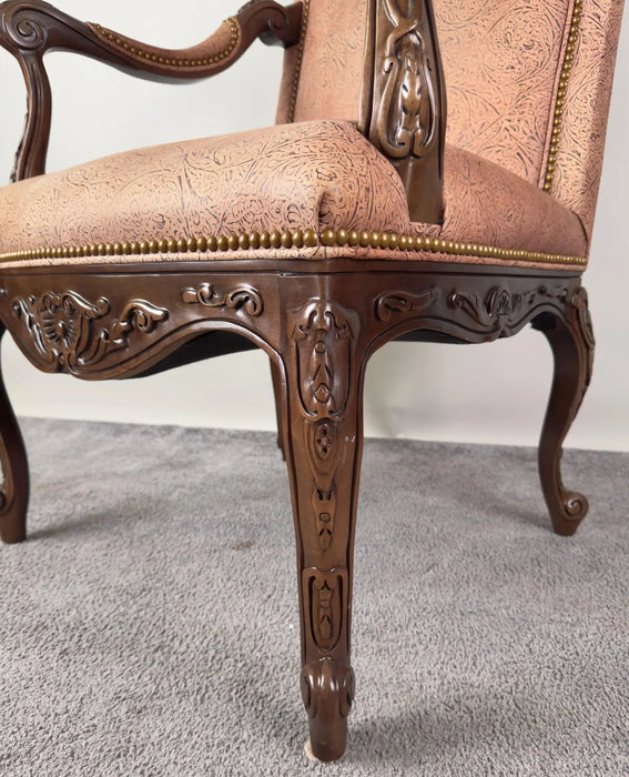 French Louis XV Style Mahogany Armchair with Embossed Salmon Pink Leather