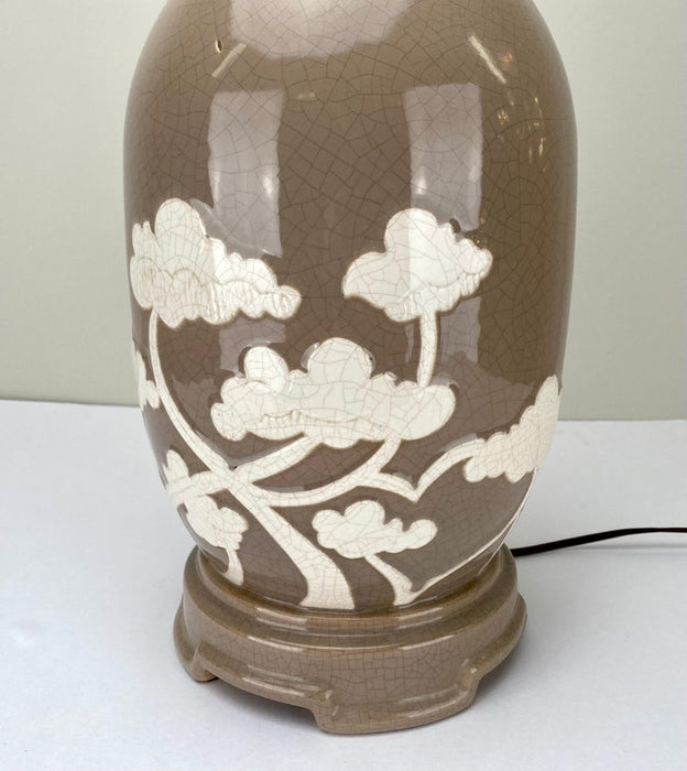 Asian White Bonsai Tree Design Taupe Ceramic Table Lamp, a Pair