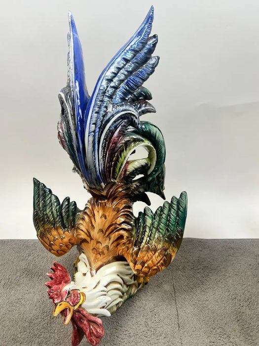 Vintage Hand-Painted Italian Majolica Ceramic Fighting Rooster Sculpture, a Pair 1980's