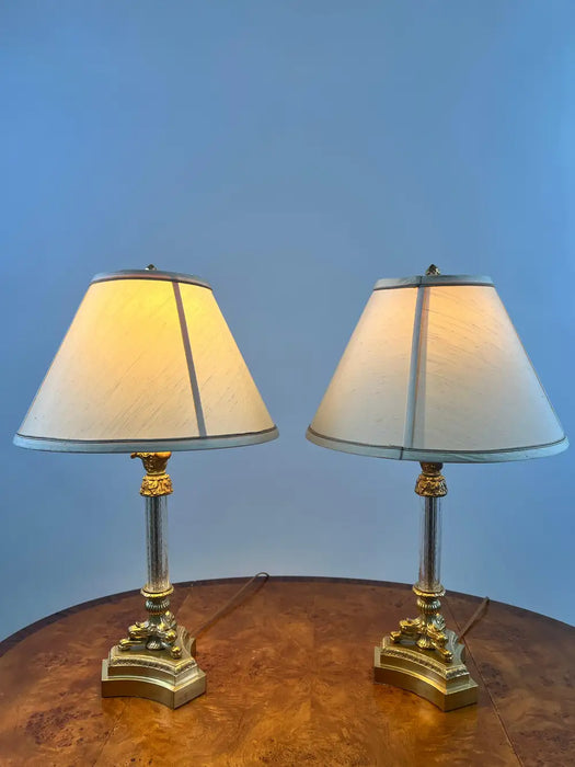 Vintage Empire Style Brass Fluted Crystal Column Table Lamp 1970's , a Pair