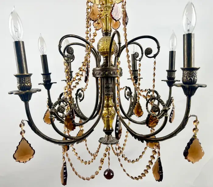 French Rococo Revival Bronzed Chandelier with Amber Glass Drops, 6 Arms
