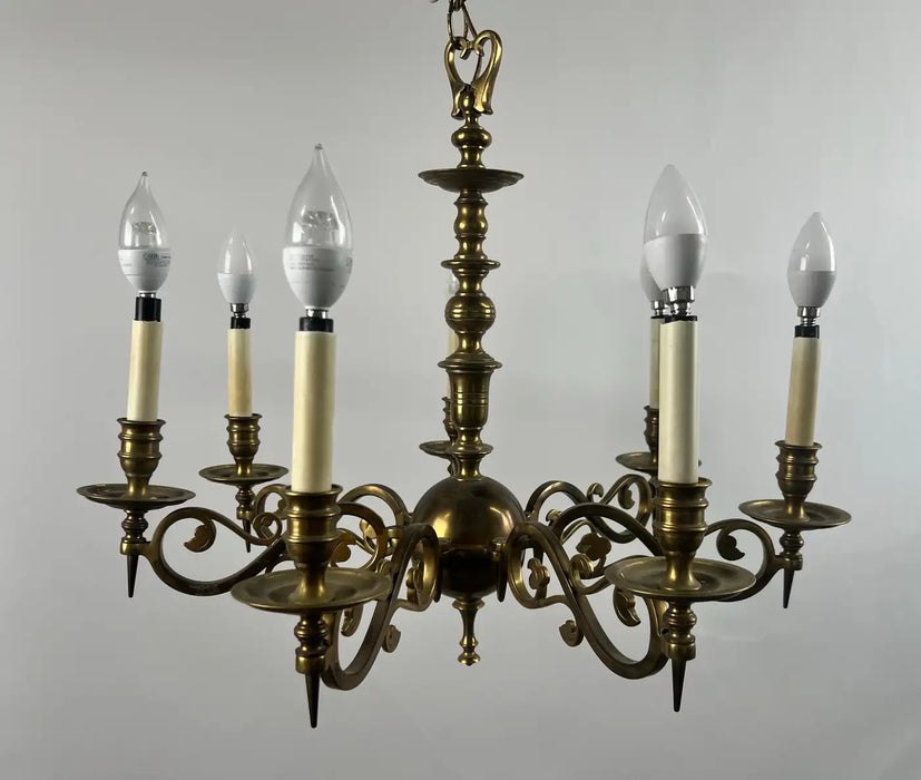 French Louis XVI Revival Style Brass Chandelier - 6 Arms