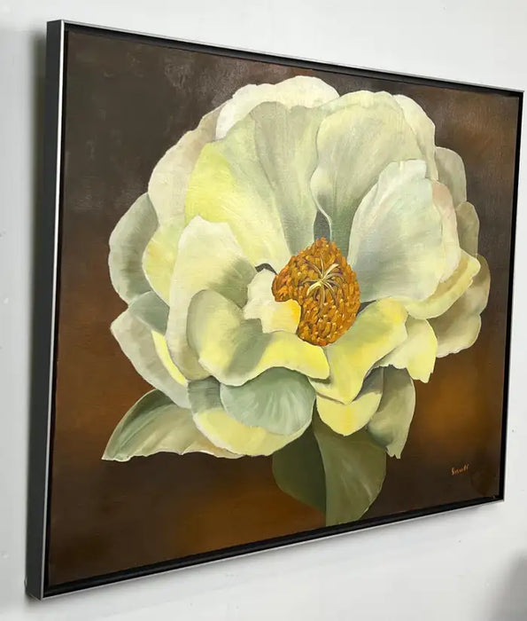Modern Floral Still Life with White Bloom Oil on Canvas Signed by artist 1990's
