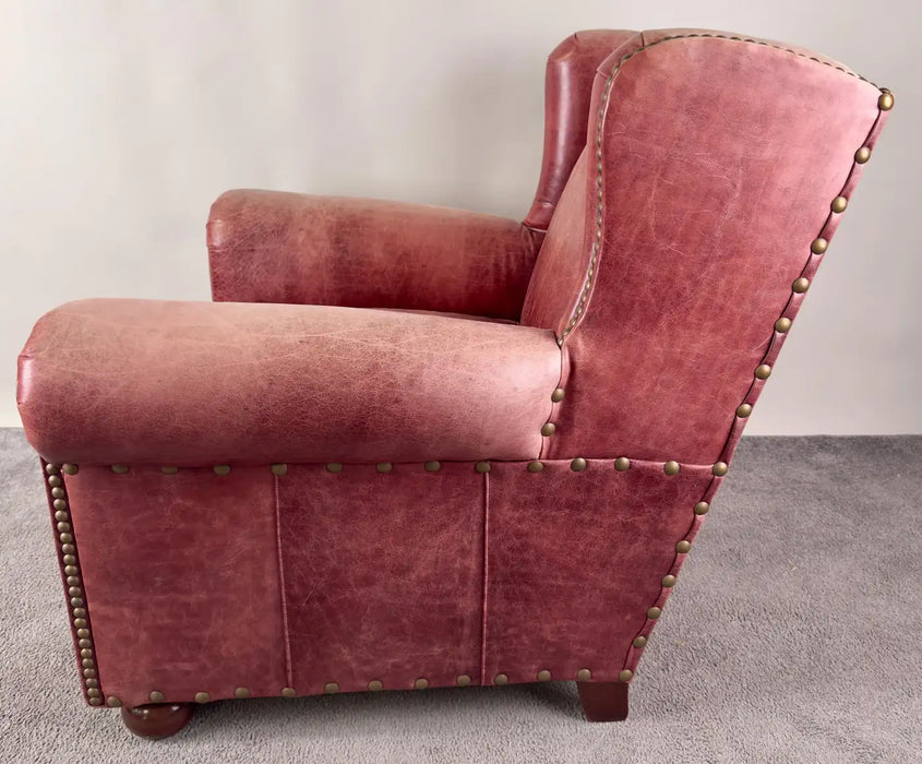 American Classical Style Distressed Leather Red - Brown Oversized Club Chair