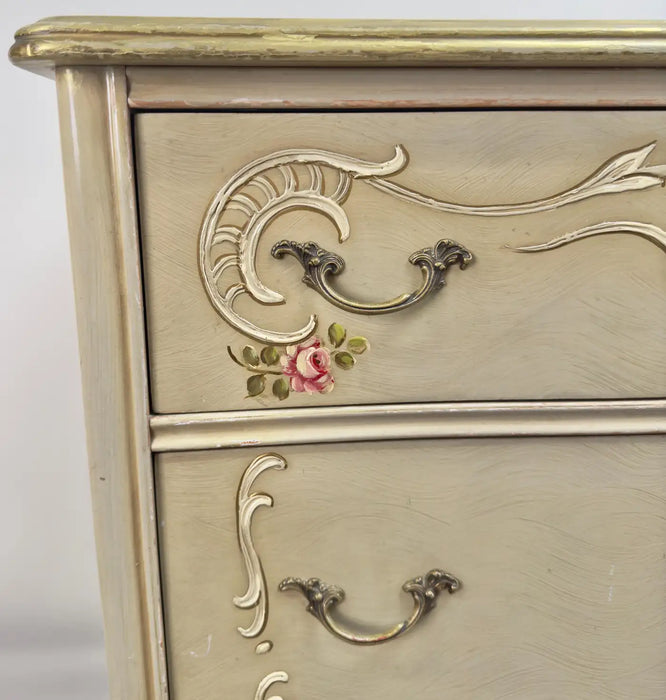 French Provincial Hand Painted Commode or Chest of Drawers with Floral Design