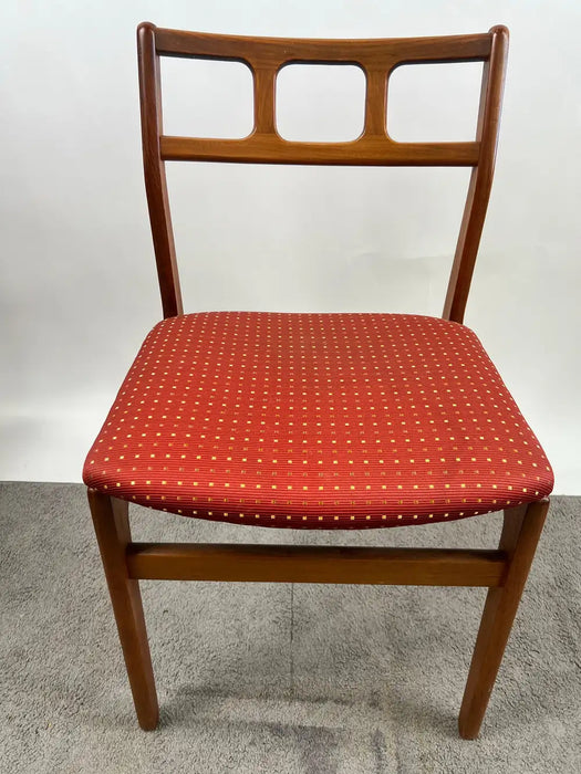 Danish Mid-Century Modern Teak Dining Chairs w Rust Red Dotted Upholstery, Set 6