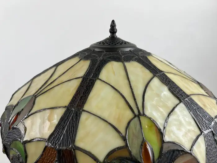 Art Nouveau Tiffany Style Brown & Green Stained Glass Table Lamp, a Pair