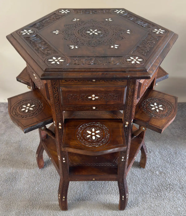 Vintage Syrian Hexagonal Walnut and Bone inlay Hand -Carved Center of End Table