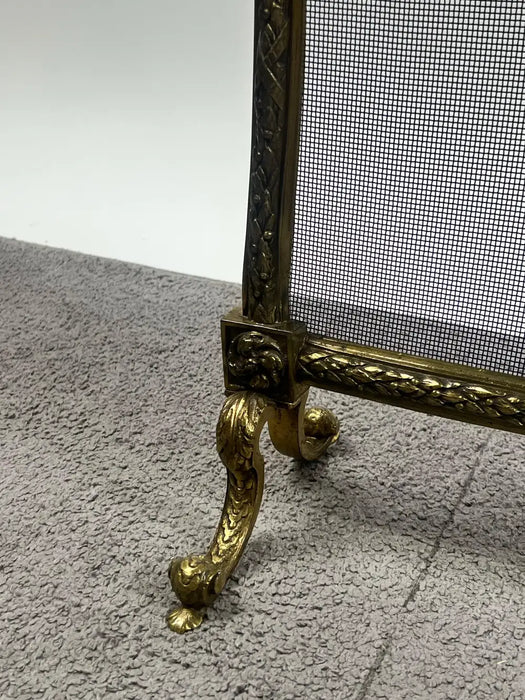 Antique French Art Nouveau Brass Firescreen with Floral & Ribbon Bouquet