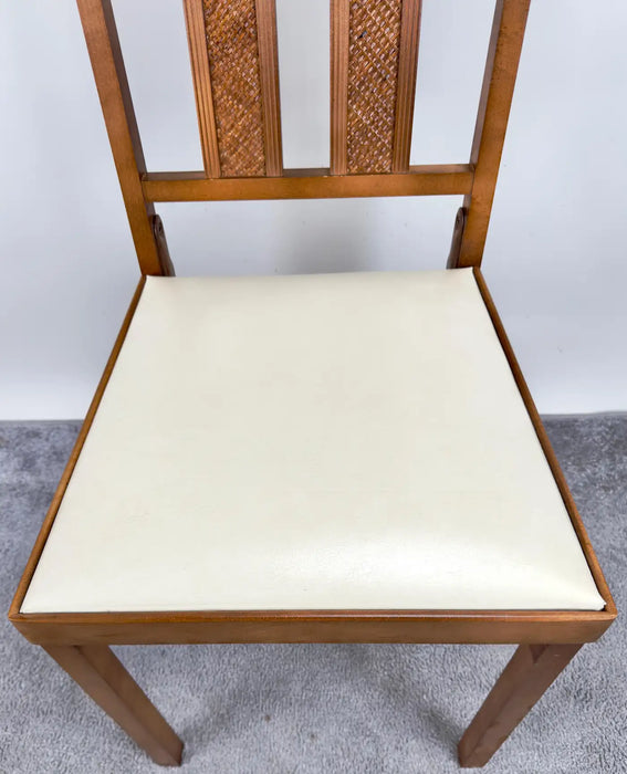 Mid Century Modern White Faux Leather and Carved Walnut Folding Chair, Set of 4