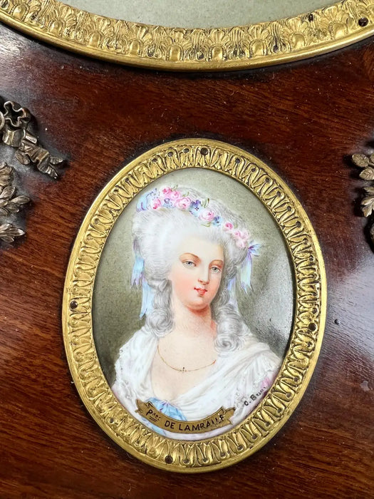 19th C French Louis XVI Mahogany & Bronze w Sèvres Style Portraits Salon Table