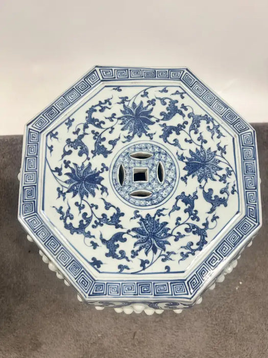 Chinese Qianlong Style Porcelain Octagonal Garden Blue & White Stool, a Pair