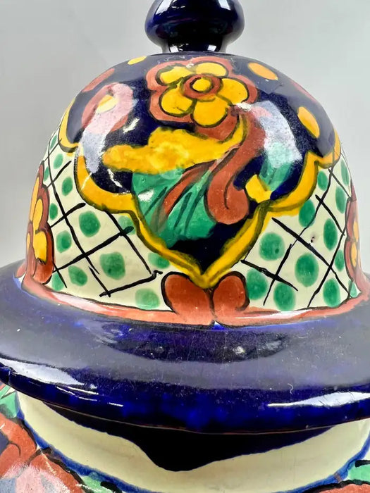 Mexican Talavera Multi-color Handmade Pottery Lidded Vase or Urn