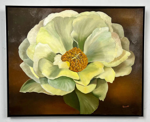 Modern Floral Still Life with White Bloom Oil on Canvas Signed by artist 1990's