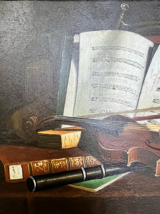 Still Life Violin & Sheet Music Oil on Canvas Signed Hessler, Framed 1900's