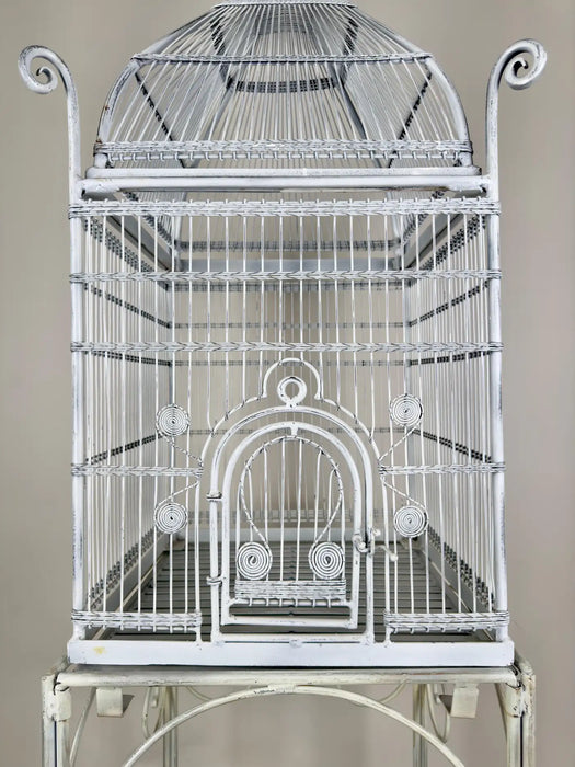 Large Victorian Style Wire Frame White Birdcage with a Shelf, 2 Pieces