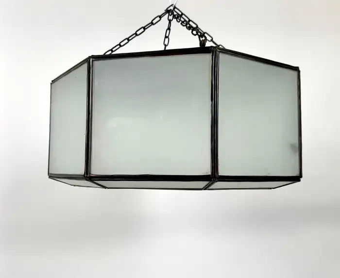 Art Deco Style White Milk Glass and Bronze Octagon Shape Pendant or Flush Mount