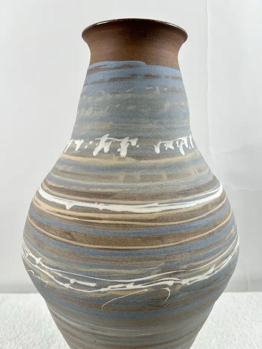 Vintage Handmade Pottery Vase with Blue & Earth-Tone Swirl Glaze