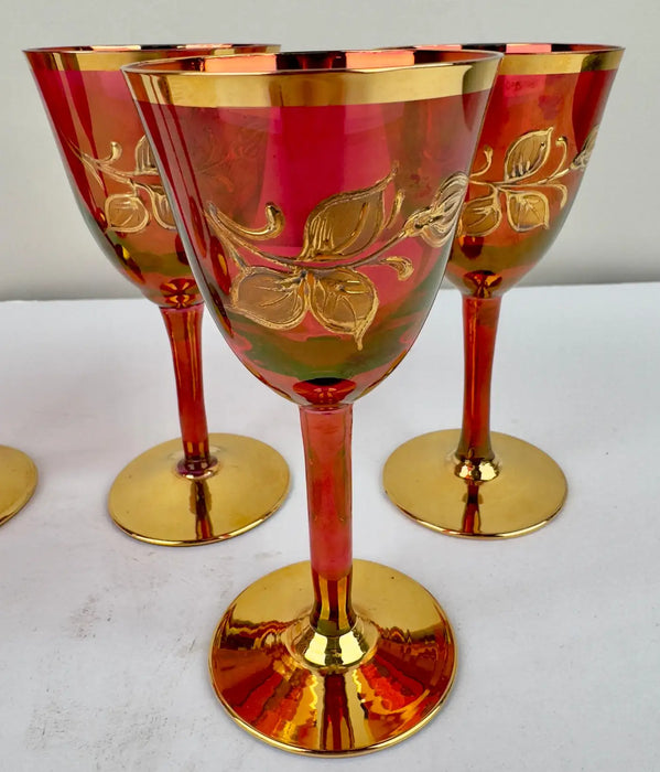 Art Nouveau Austrian Ruby & 24K Gold Etched Wine Glasses and Decanter, Set of 7