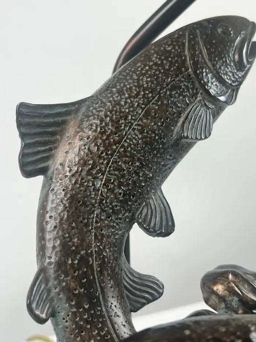 Rustic Style Flying Trout Table Lamp with Bronzed Base and Faux Leather Shade