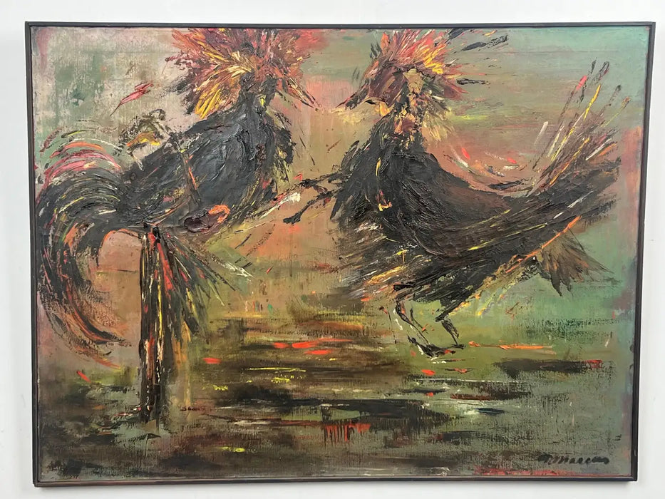 Alice Marcus " The Cockfight " Oil Painting on Canvas , Signed & Framed 1981