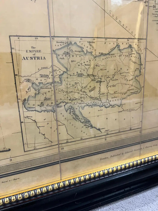 Large Vintage Antiqued Stanford Map of Italy in Black & Gold Frame 1990's
