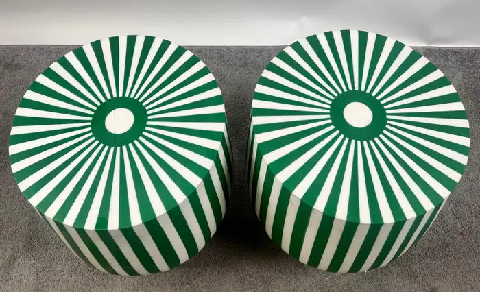 Art Deco Style Green & White Cylindrical Resin Side, End Table or Stool, a Pair