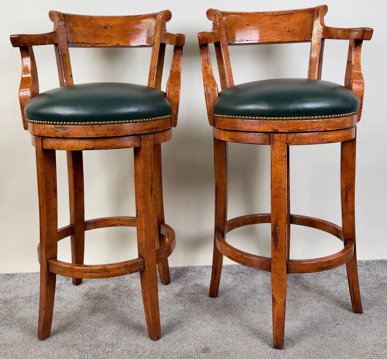 Biedermeier Style Oak Wood Swivel Bar Stool with Green Leather Seat, a Pair