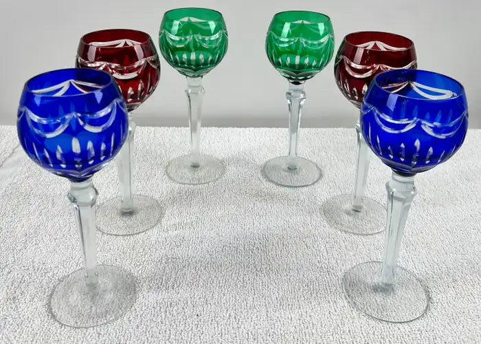 Rare Murano Glass Decanter in Cobalt Blue with Jewel-Tone StemGlasses Set, 7 Pcs