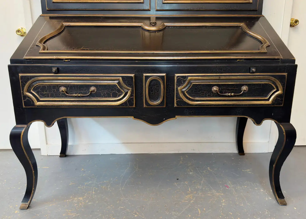 Louis XV Style Minton Spidell Drop-Front Hand Painted Black Secretary Cabinet