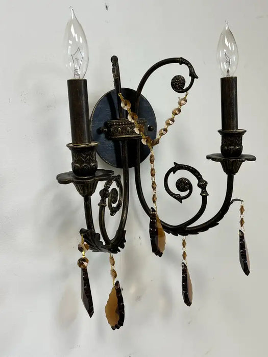 French Rococo Revival Cast Metal Bronzed Wall Sconce w Amber Crystal, Set of 4