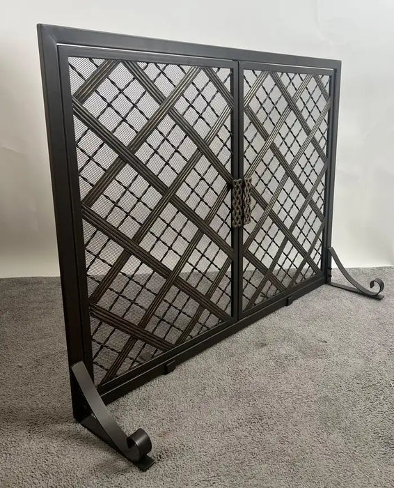 Art Deco Style Black & Bronzed Metal Two-Door & Diamond Design Fireplace Screen