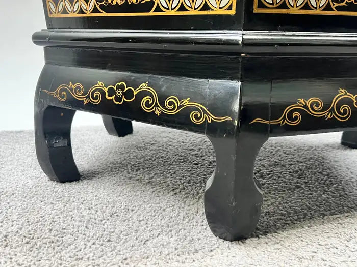 Asian Black Lacquer Hexagonal Side Table with Hand-Painted Gold & Figural Pane