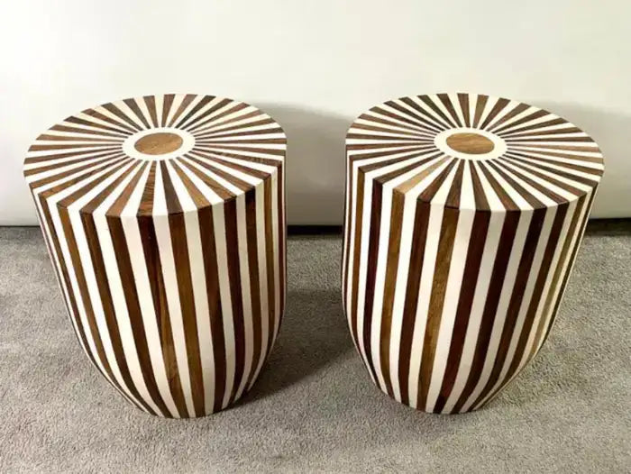 Art Deco Style Brown & White Cylindrical Walnut Resin End Table or Stool, a Pair