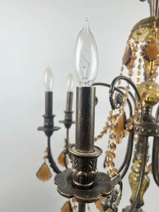French Rococo Revival Bronzed Chandelier with Amber Glass Drops, 6 Arms