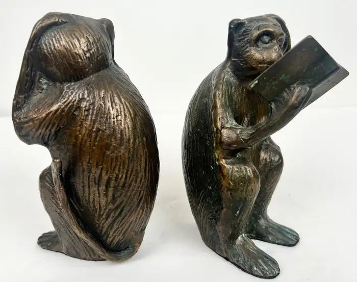 Vintage Brass Monkey Reading Book Figurine & Paperweight , a Pair