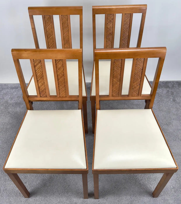 Mid Century Modern White Faux Leather and Carved Walnut Folding Chair, Set of 4