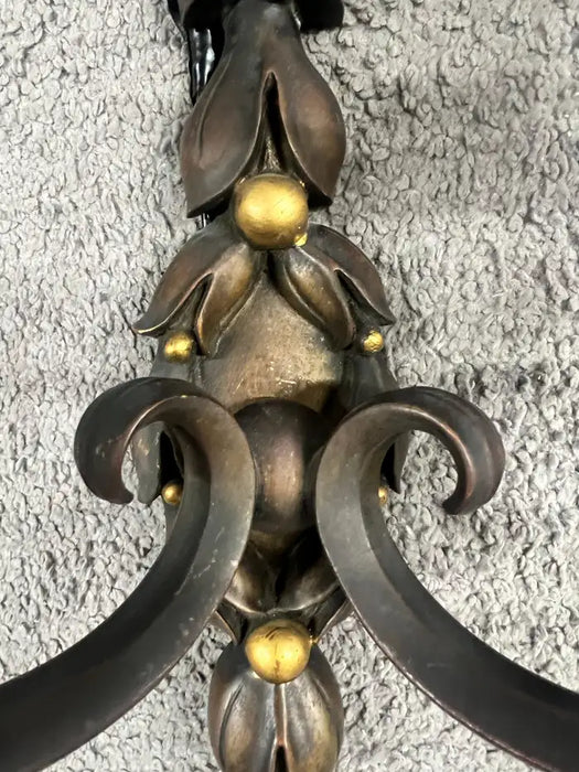 Art Nouveau Two Arms Bronze w Frosted Milk Glass Shades Wall Sconce, a set of 3