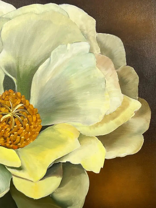 Modern Floral Still Life with White Bloom Oil on Canvas Signed by artist 1990's
