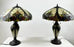 Art Nouveau Tiffany Style Brown & Green Stained Glass Table Lamp, a Pair
