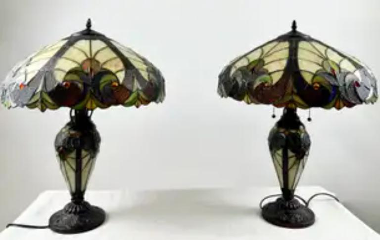 Art Nouveau Tiffany Style Brown & Green Stained Glass Table Lamp, a Pair